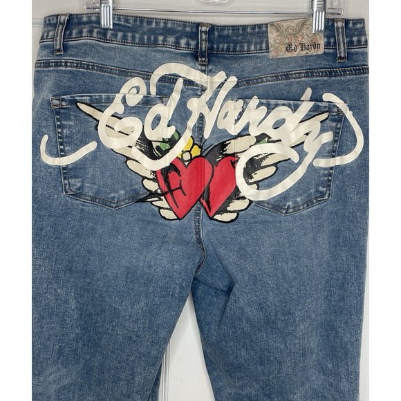 Ed Hardy Painted Jeans Sz 34 Graffiti Retro Y2K Flare Leg Tattoo Art Streetwear - Picture 4 of 13